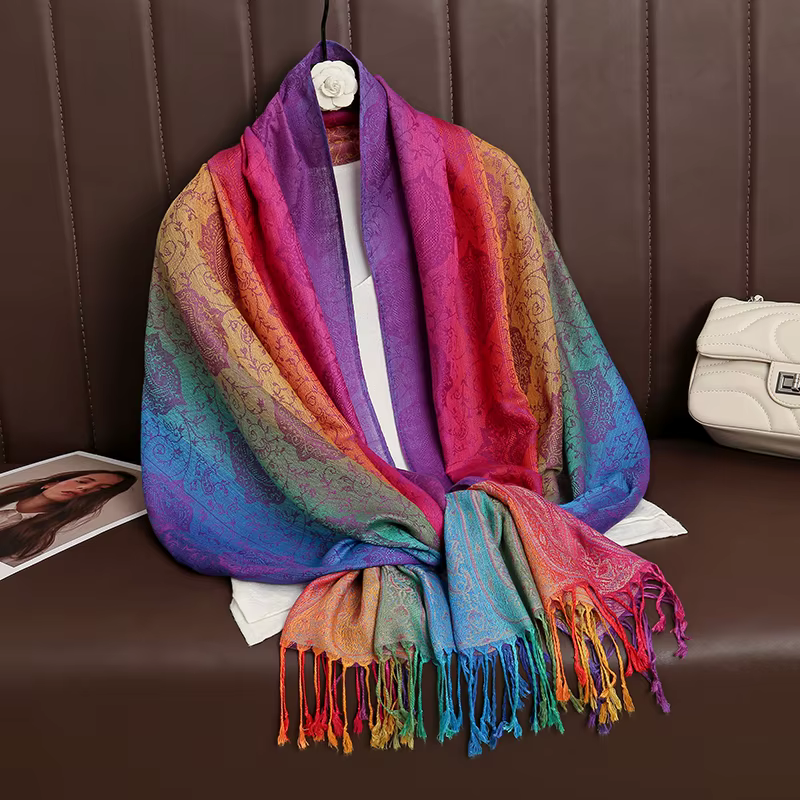 Couleurs arc-en-ciel hiver chaud épais Style ethnique Jacquard écharpe femmes voyage musulman Hijab 