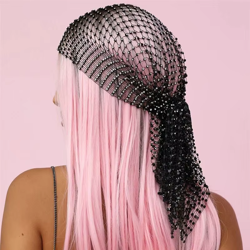 FestivalQueen-Écharpe à cheveux en résille ornée de cristaux biscuits, voile en maille scintillante,