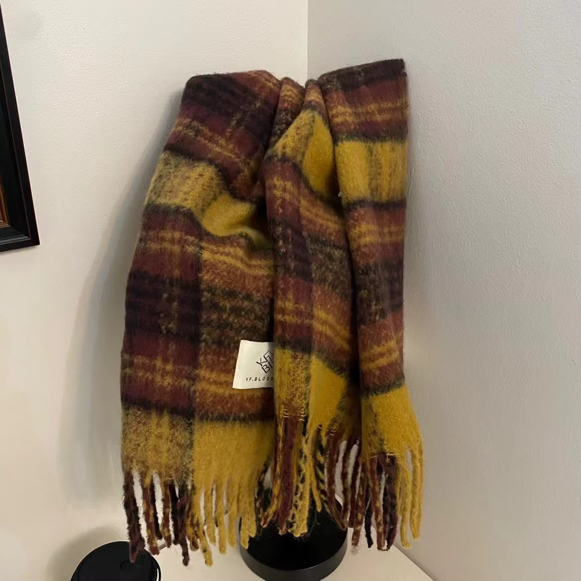 Écharpe à carreaux marron atmosphère rétro pour hommes et femmes avec Mohair Ramen, chauffe-cou Extr