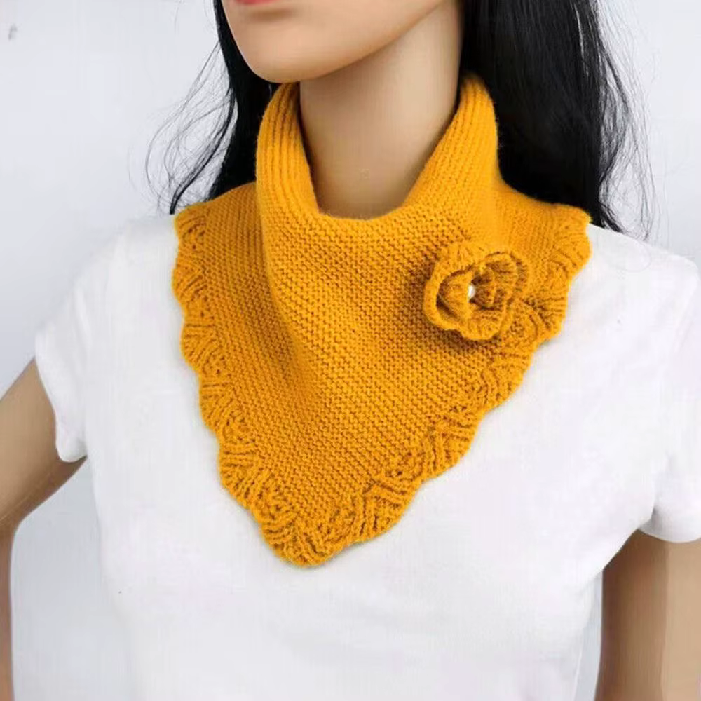 Écharpe Triangle en Tricot à Fleurs pour Femme, Foulard de la raq, Bord Ondulé, Faux Col, Poignées A