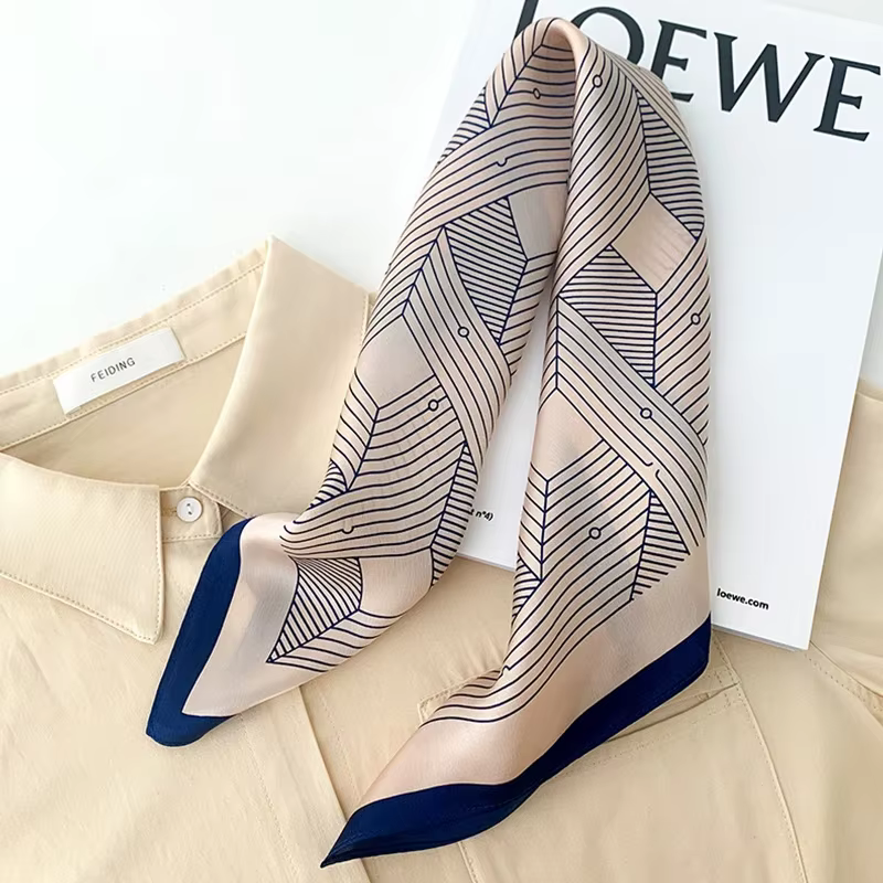 Écharpe en soie à motif géométrique rayé de 68cm pour femmes, Imitation soie, couvre-chef frais et p