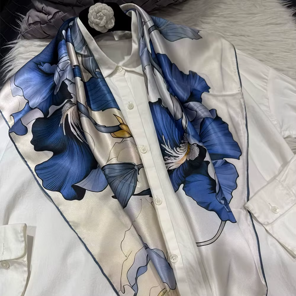 [BYSIFA] Foulard carré en soie 100% pour femme, bleu et blanc, pour le printemps, l'automne et l'hiv