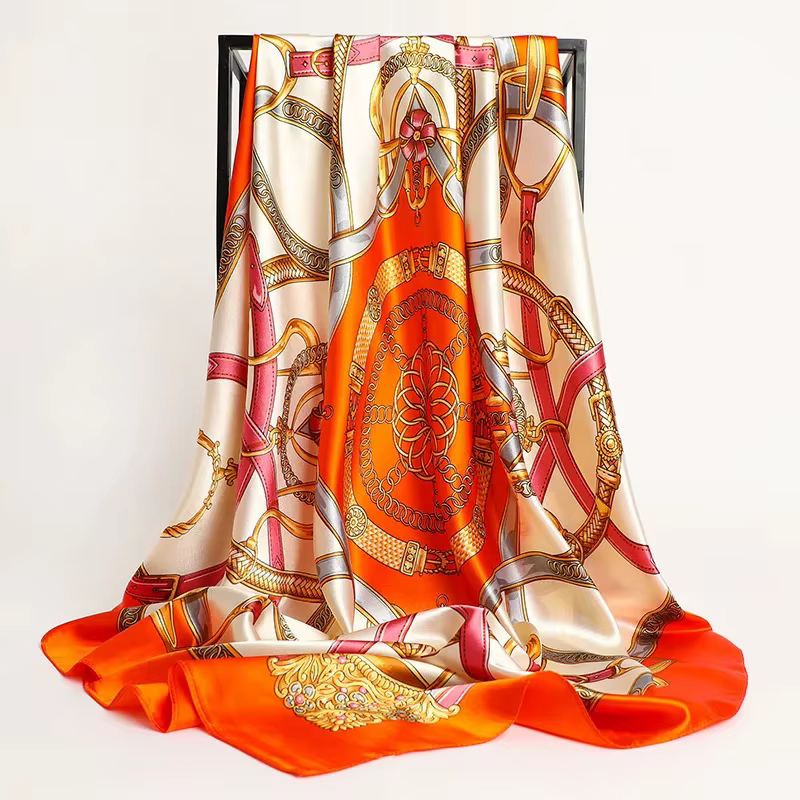 Foulard en Soie Imprimé 90x90cm, Grand Carré en Satin, Châle de Luxe pour Femme, Marque de Créateur,