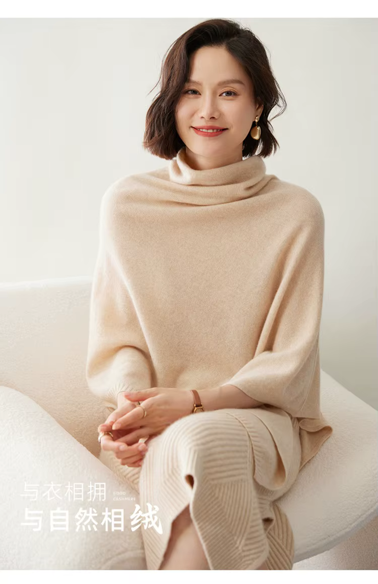 Cape châle en laine mérinos avec manches chauve-souris, pull à col roulé, pashmina, 100% laine, tout
