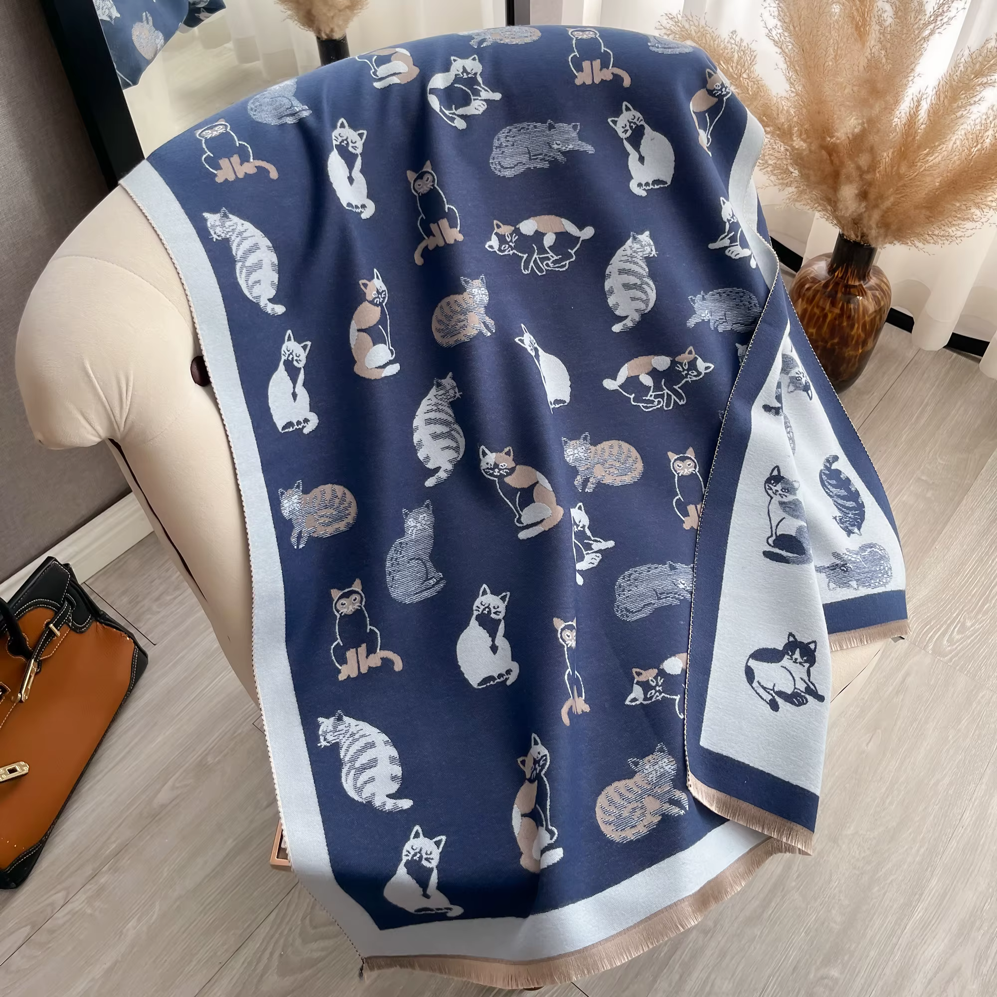 Femmes dernière Animal Jacquard chat écharpe Imitation cachemire doux chaud frange châle automne hiv