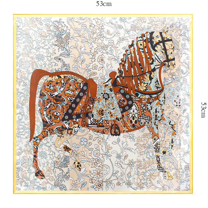 Foulard carré 100% soie de mûrier 53x53cm, imprimé floral rétro motif cheval, bandana élégant pour f