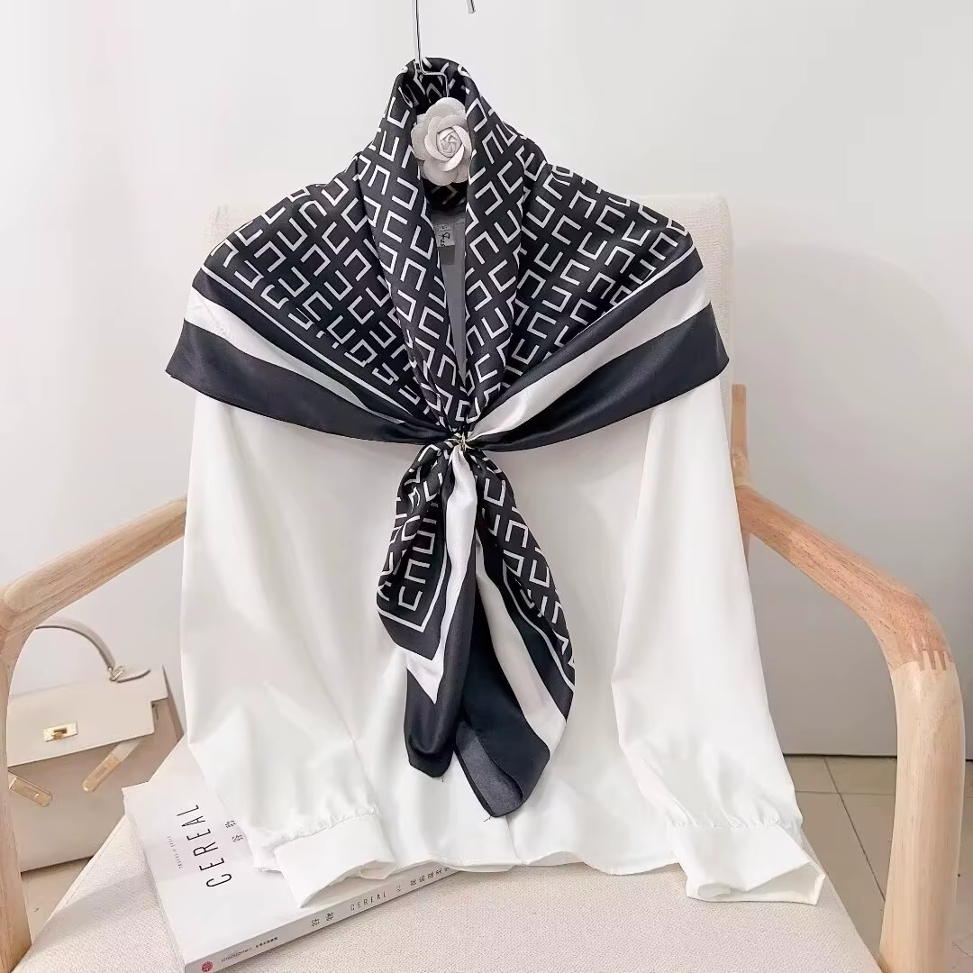 1 pièces 90cm foulard en sergé couleur unie lettre imprimé foulard en soie simple grand carré crème