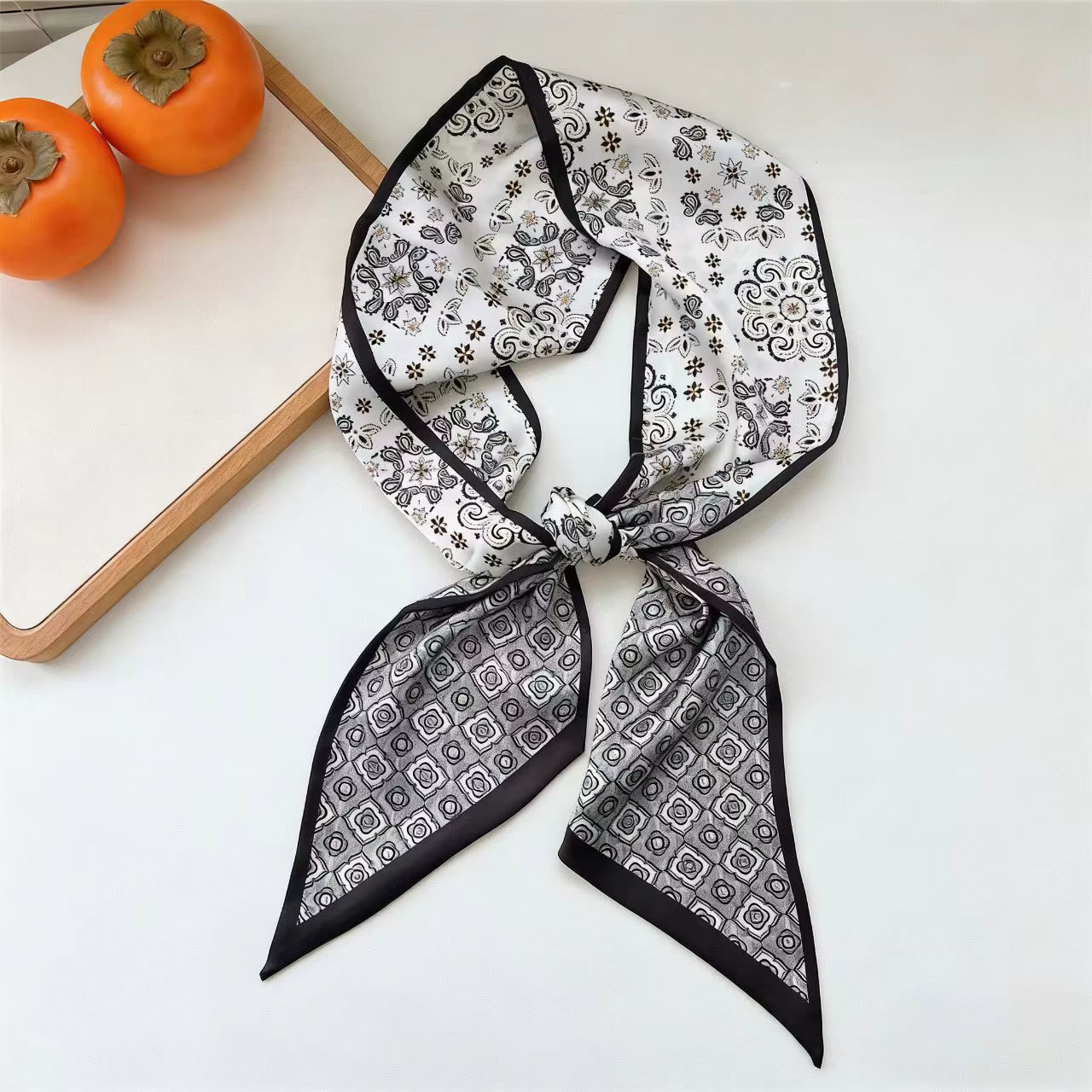 Longue écharpe en soie pour femme, motif cachemire de luxe, satin doux, bandeau pour cheveux, ruban