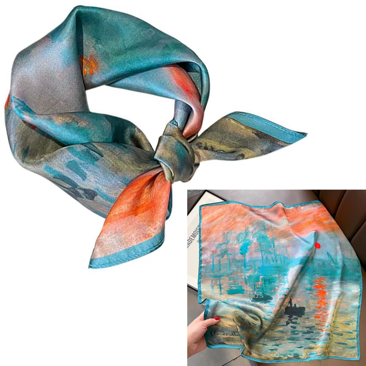 Foulard en soie véritable de mûrier pour femmes, 53cm, foulard de luxe, marque de peinture à l'huile
