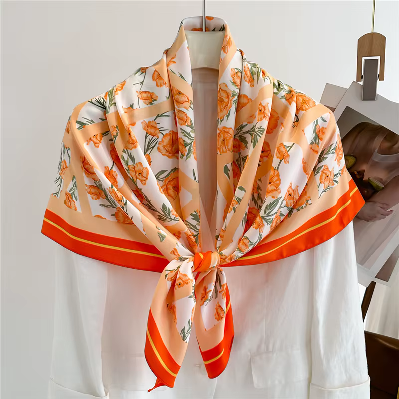 Grande écharpe en soie, châle en velours sergé à motif floral, 90 cm, protection solaire, écharpe si