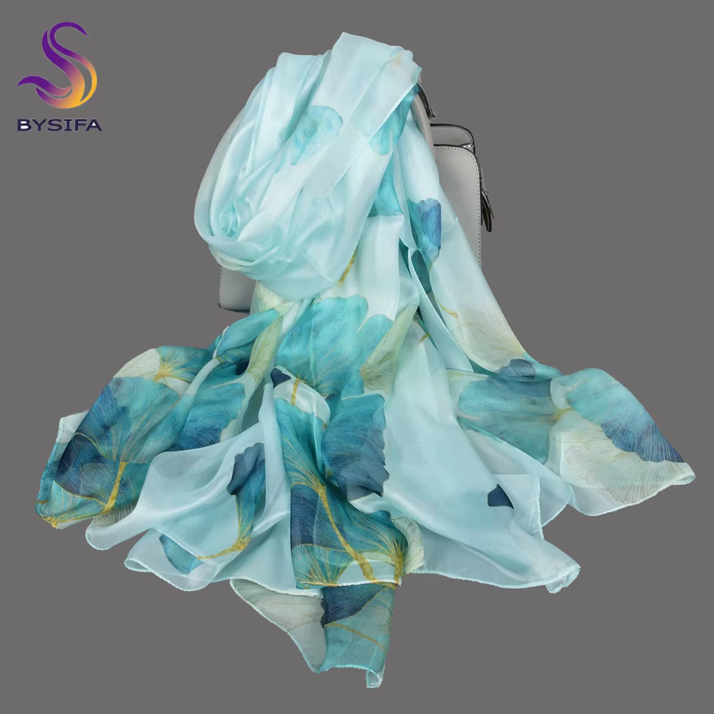 BYSIFA | Nouveau Châle Long d'Été en Soie de Mûrier 100% Bleue pour Femme, Motif Feuilles de Ginkg