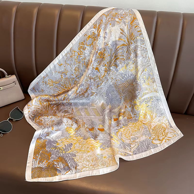 Foulard Carré Imprimé Floral de Luxe pour Femme, Sac à Mains, Bandeau en Satin Doux, Hijab, Bandeau 