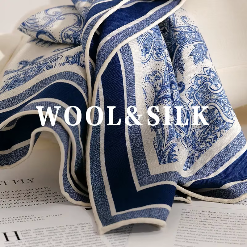 70% laine 30% foulard en soie hiver femmes élégant ethnique bleu imprimé géométrique carré écharpe f