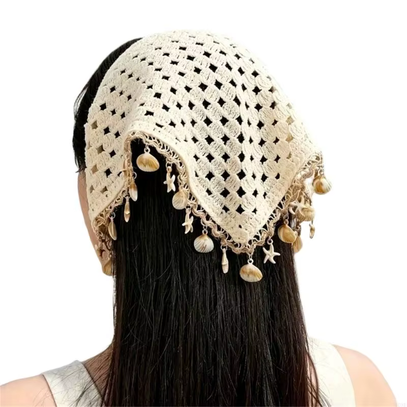 Foulard tête en Crochet ajouré pour femmes, enveloppe cheveux à nouer avec garniture en coquille pou