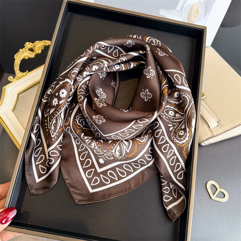 Foulard carré classique en soie bleue pour femme, imprimé cachemire, bandeau en satin, ruban pour sa