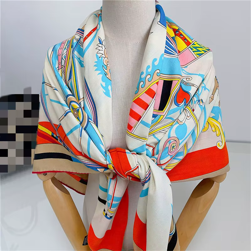 135CM Foulard en cachemire de soie femmes châles bouclés palais chariot imprimé foulards carrés enve