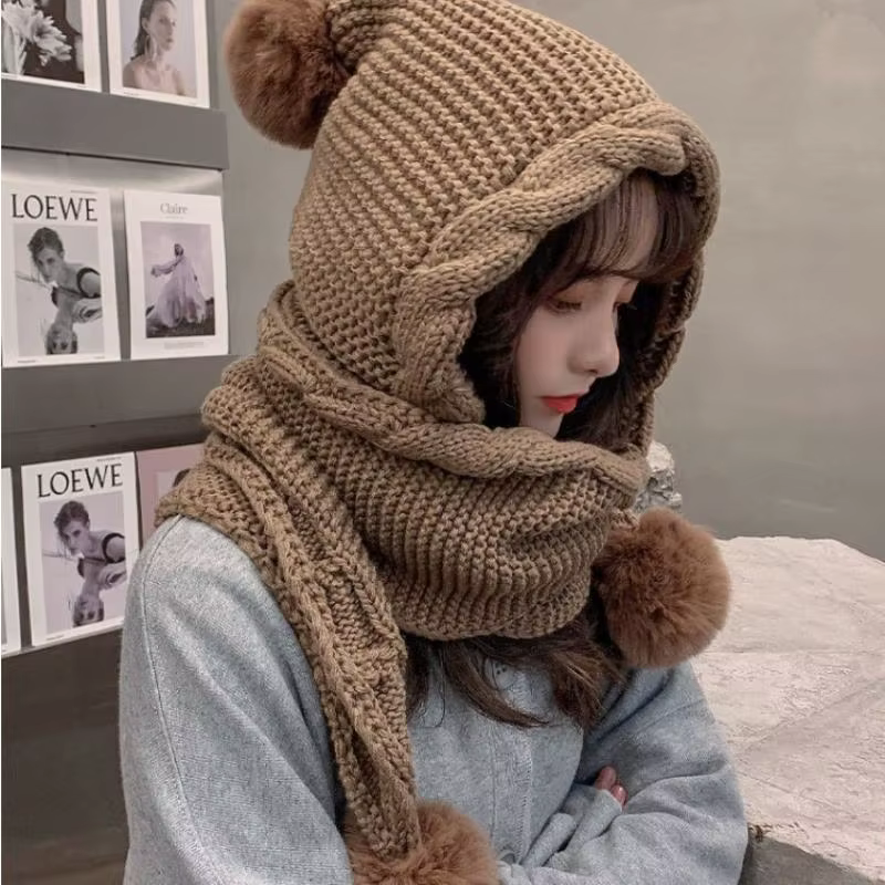 Chapeau en laine tricoté épais, écharpe à capuche, Protection des oreilles, casquettes chaudes, chap