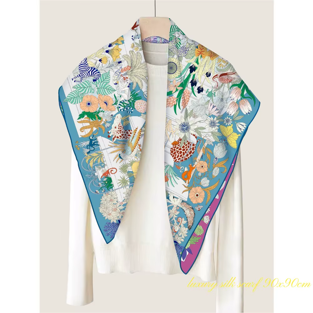Grand Foulard Carré de Luxe à Bords Croisés pour Femme, Nouvelle Collection, Animal Paradis, Girafe,