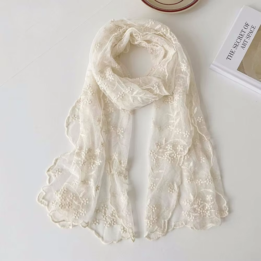 Écharpe en dentelle rétro décontractée pour femmes, Version coréenne de fleur brodée littéraire, châ