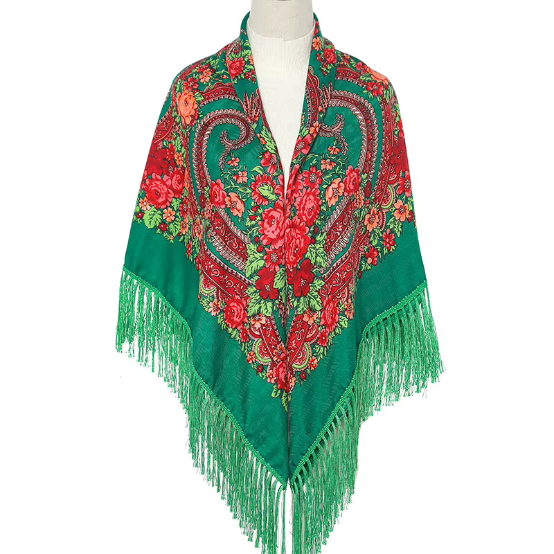 Châle Carré à Fleurs pour Femme, Écharpe Hijab de Grande Taille, Pompons Imprimés Rétro, Chaîne Chau