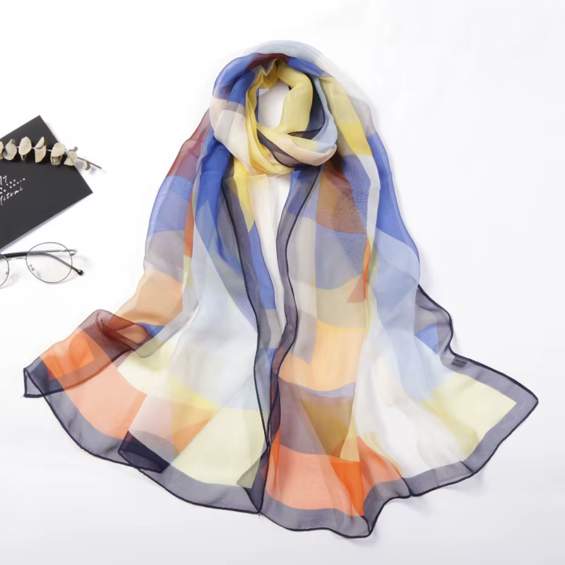 Foulard géométrique coloré pour femmes, élégant, en mousseline de soie, Georgette, Bandana, été, pla