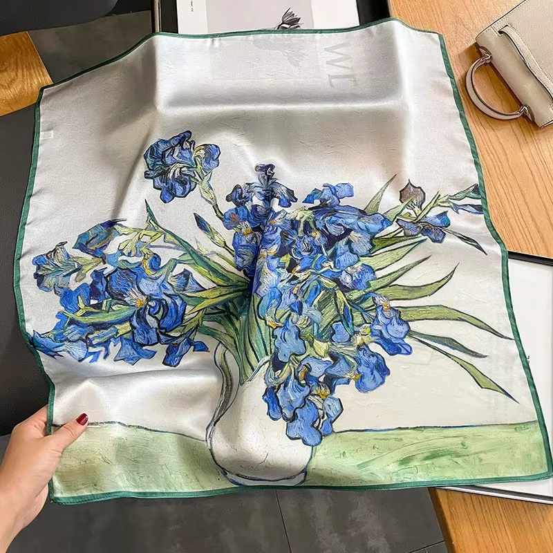 Chic iris fleur écharpe 100% soie naturelle Hijab enveloppes mode femmes carré Bandana Foulard mode