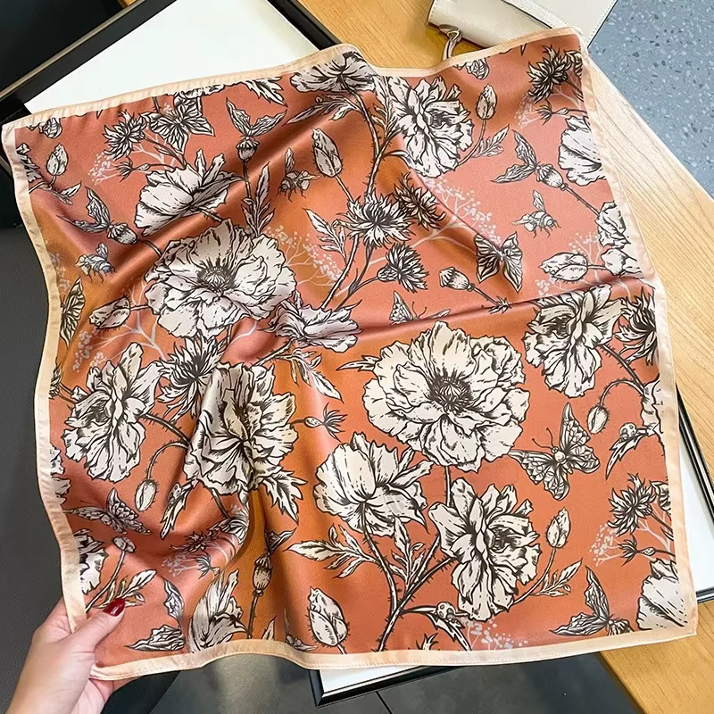 Bandeau de cheveux imprimé Rose Orange 100% Foulard en soie véritable femmes Design foulards de cou