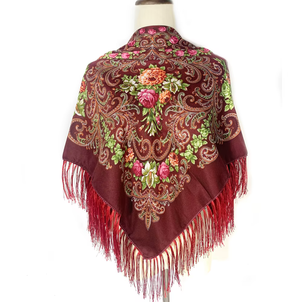 Foulard Carré Russe Imprimé Floral pour Femme, 90x90cm, Bandana, 21ème Châle à Franges, Ethnique, Vo