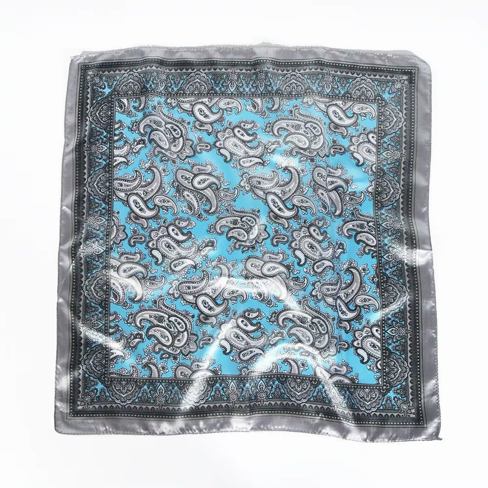 Foulard bleu et blanc pour femmes, Bandana Hijab, foulard en Satin de soie imprimé, sac 60x60cm, mou