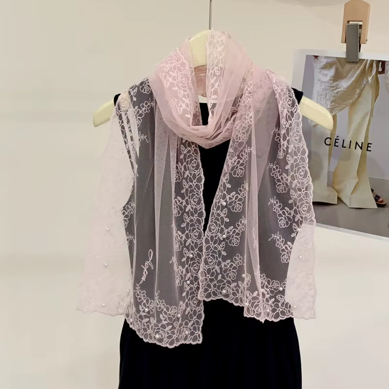 Foulard en soie perlé en dentelle pour femmes, châle fin, écharpe décorative extérieure, fil polyval