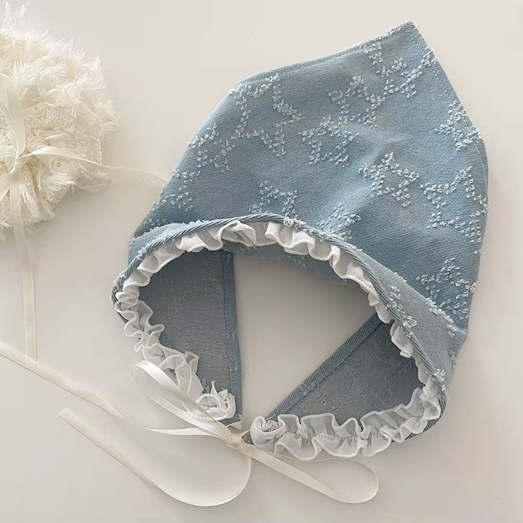 Foulard femme étoiles Denim bleu Turban dentelle écharpe nœud sangle Triangle bandeau Y2K Niche chap