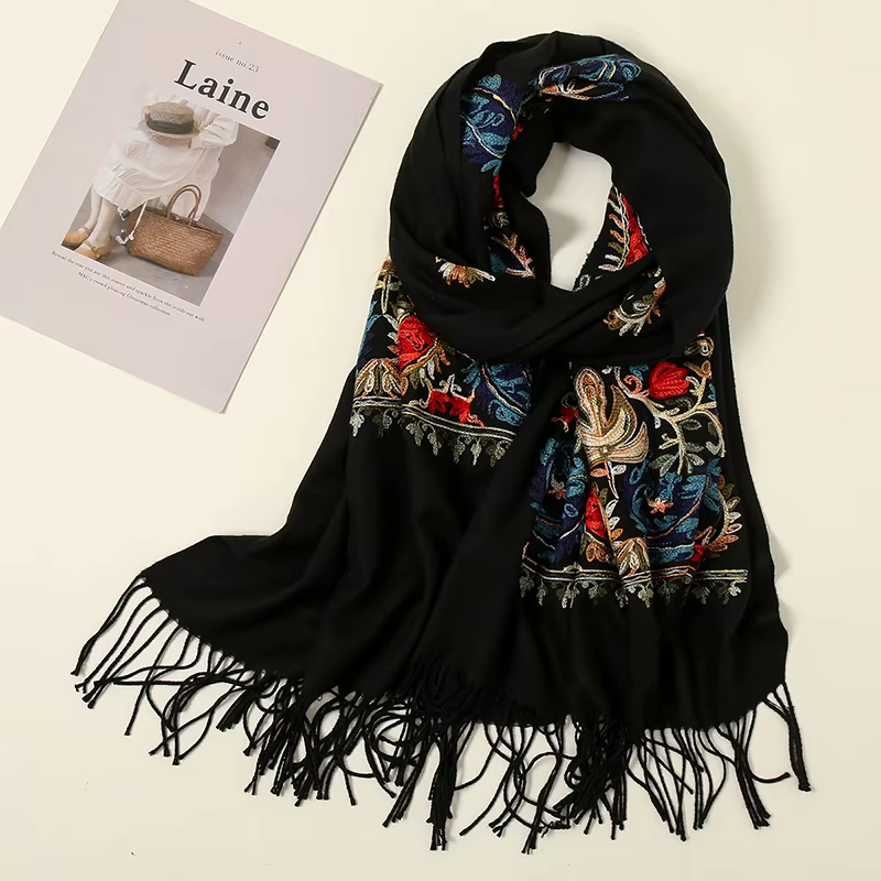 Écharpes en cachemire brodées pour femmes pashmina à fleurs TipPonte châle chaud d'hiver glands écha