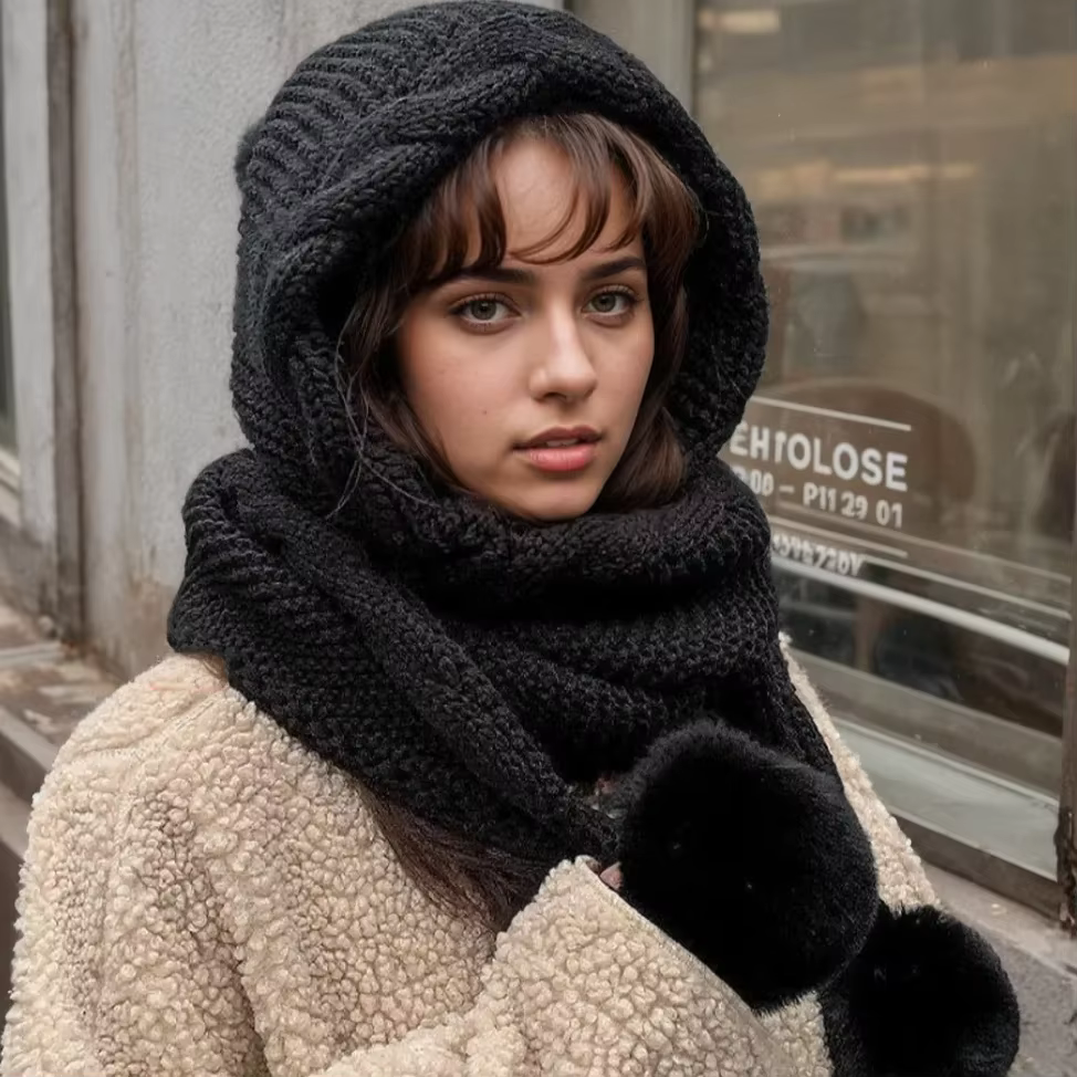 Chapeau en laine pour femmes, écharpe une pièce, joli chauffe-oreilles Pom Pom, Bonnet en tricot épa