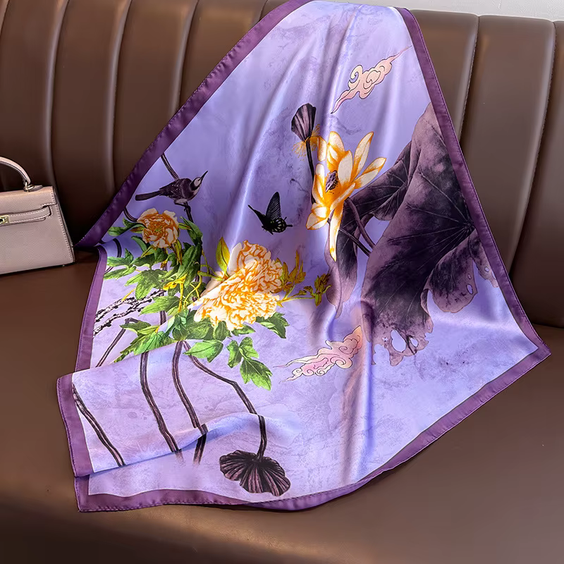 Foulard imprimé floral violet pour hommes et femmes, écharpes carrées, hijab féminin, satin doux, éc