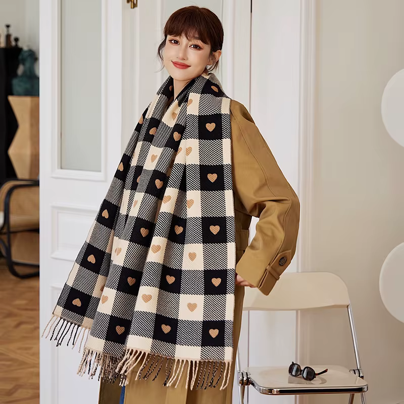 1 écharpe à motifs de cœur pour femmes, écharpe confortable à carreaux pour femmes, écharpe châle ép