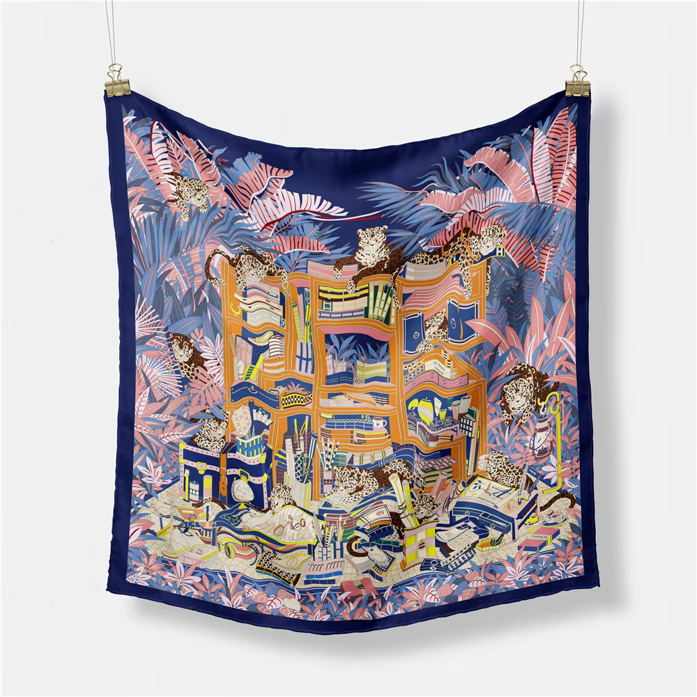 Foulard en soie sergé femme peinture indienne foulards carrés enveloppes Bandana petit Hijab