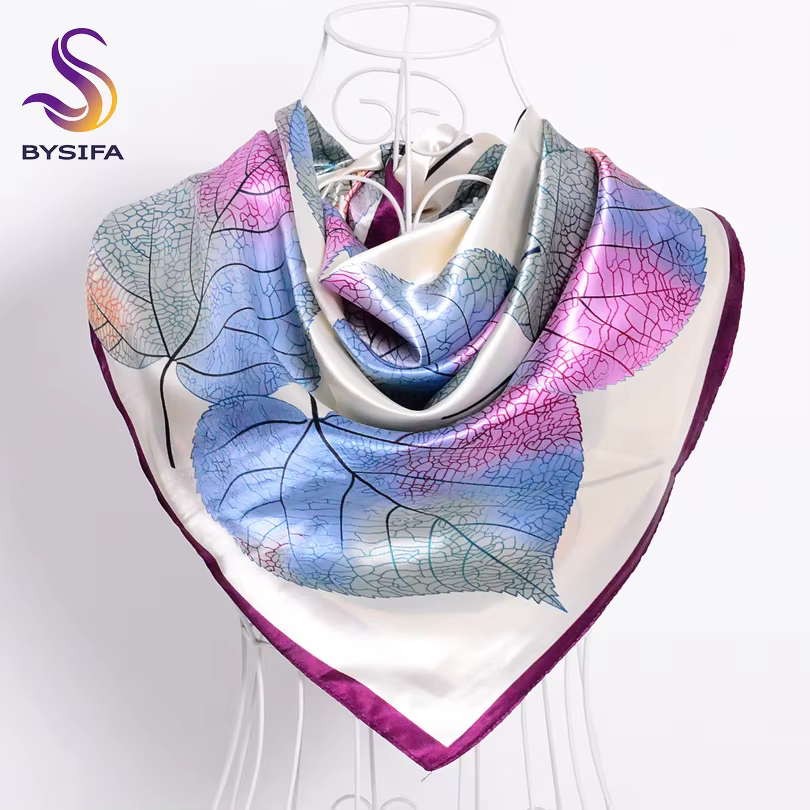 [BYSIFA] nouveau printemps foulard en soie châle accessoires de mode femmes musulmanes foulard 90*90 cm élégant feuilles motif foulards carrés