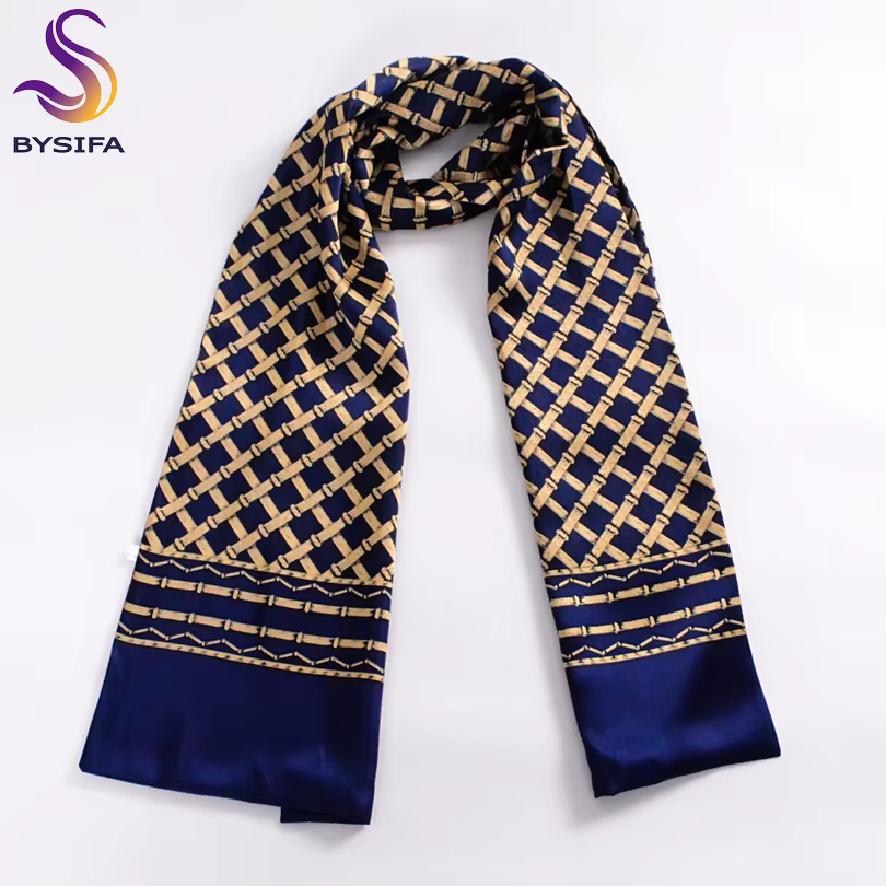 [BYSIFA] bleu marine or Plaid hommes foulards en soie accessoires de mode automne hiver mâle Pure