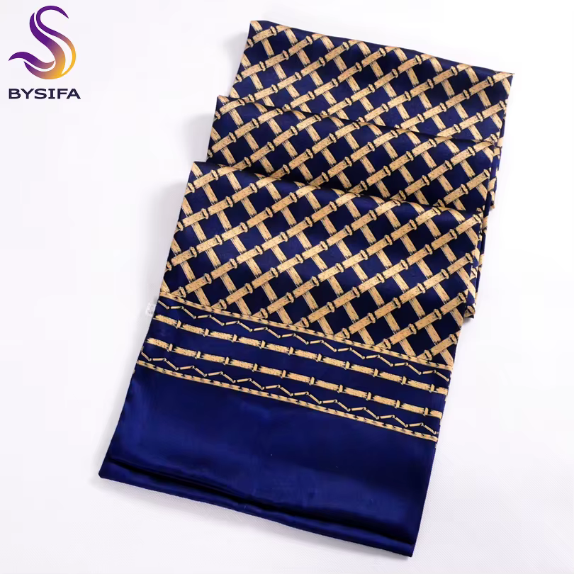 [BYSIFA] bleu marine or Plaid hommes foulards en soie accessoires de mode automne hiver mâle Pure