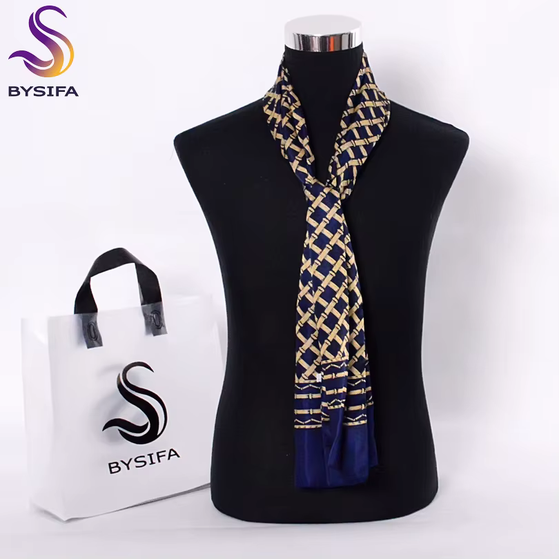 [BYSIFA] bleu marine or Plaid hommes foulards en soie accessoires de mode automne hiver mâle Pure