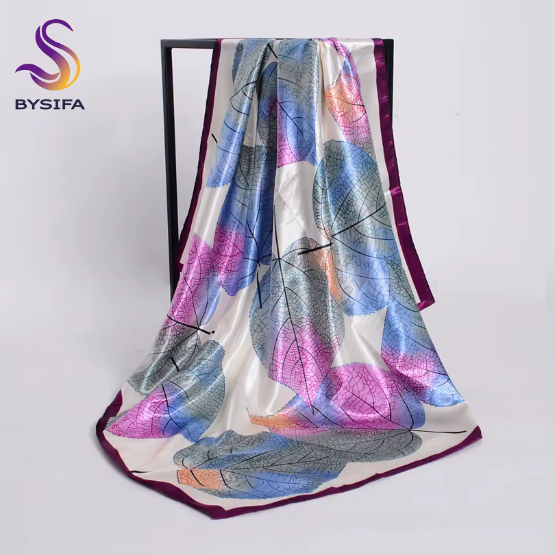 [BYSIFA] nouveau printemps foulard en soie châle accessoires de mode femmes musulmanes foulard 90*90 cm élégant feuilles motif foulards carrés