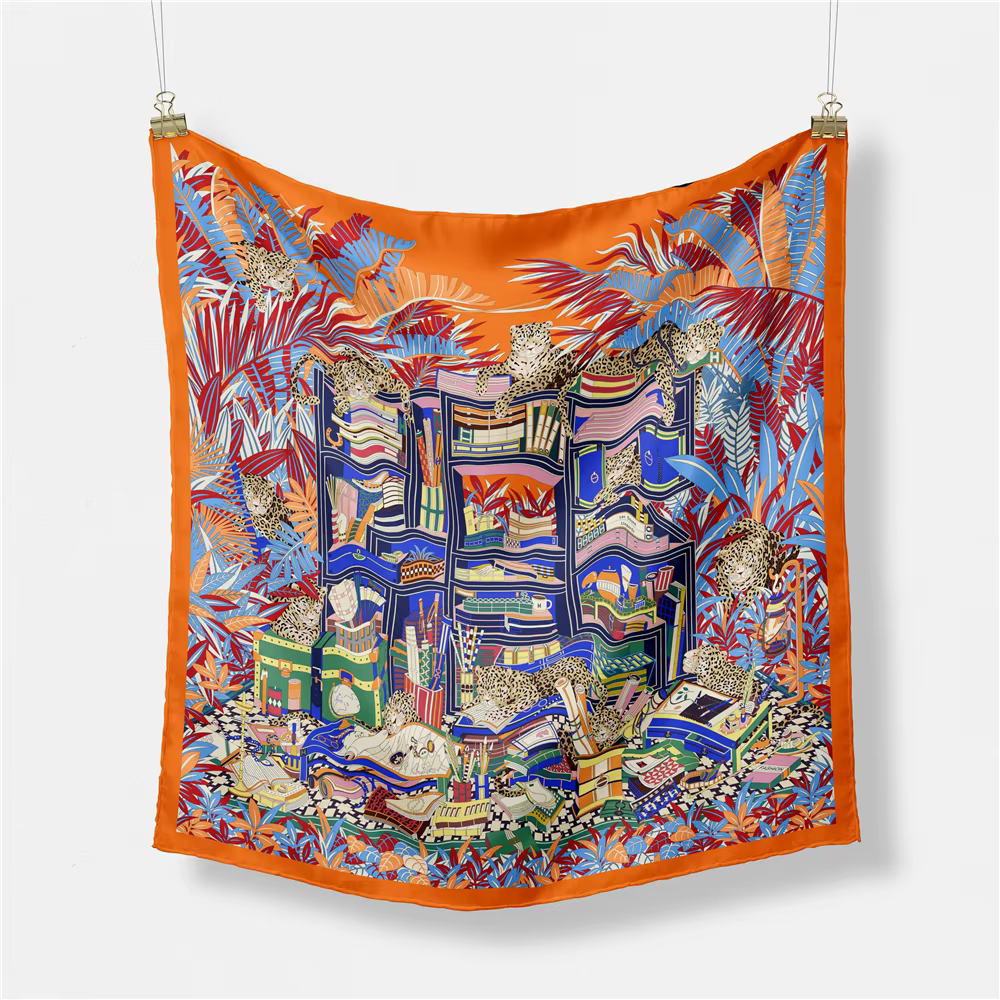 Foulard en soie sergé femme peinture indienne foulards carrés enveloppes Bandana petit Hijab