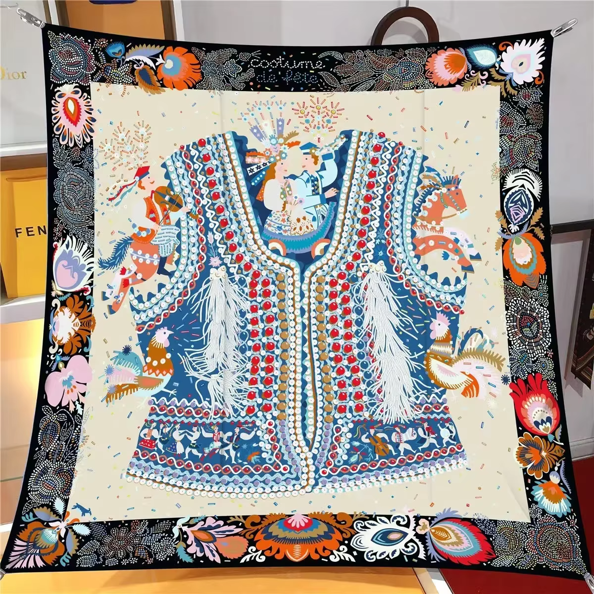 Foulard en soie rétro français 90x90