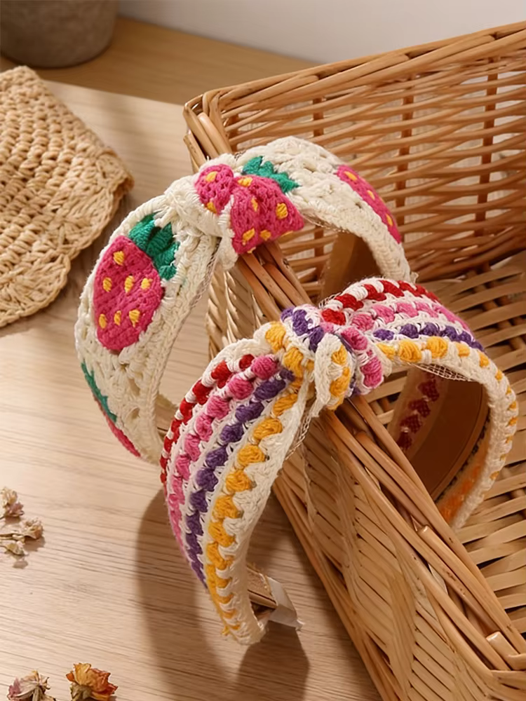 1 bandeau au crochet de style bohème fait main – Bord large avec motif floral à carreaux et fraises