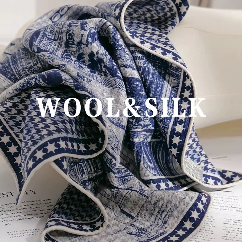 70% laine 30% foulard en soie hiver femmes élégant ethnique bleu imprimé géométrique carré écharpe femmes chaud écharpe Hijab châle