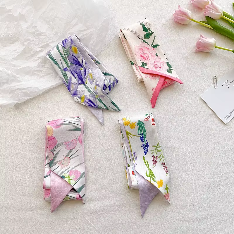 Écharpe longue double face à motif floral rose pour femme