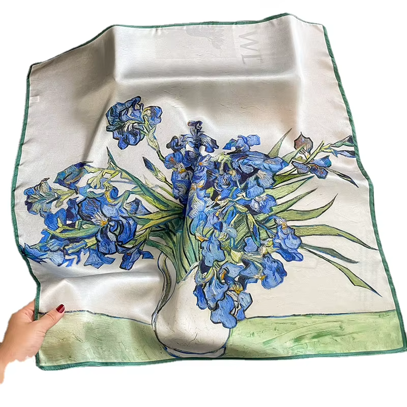Chic iris fleur écharpe 100% soie naturelle Hijab enveloppes mode femmes carré Bandana Foulard