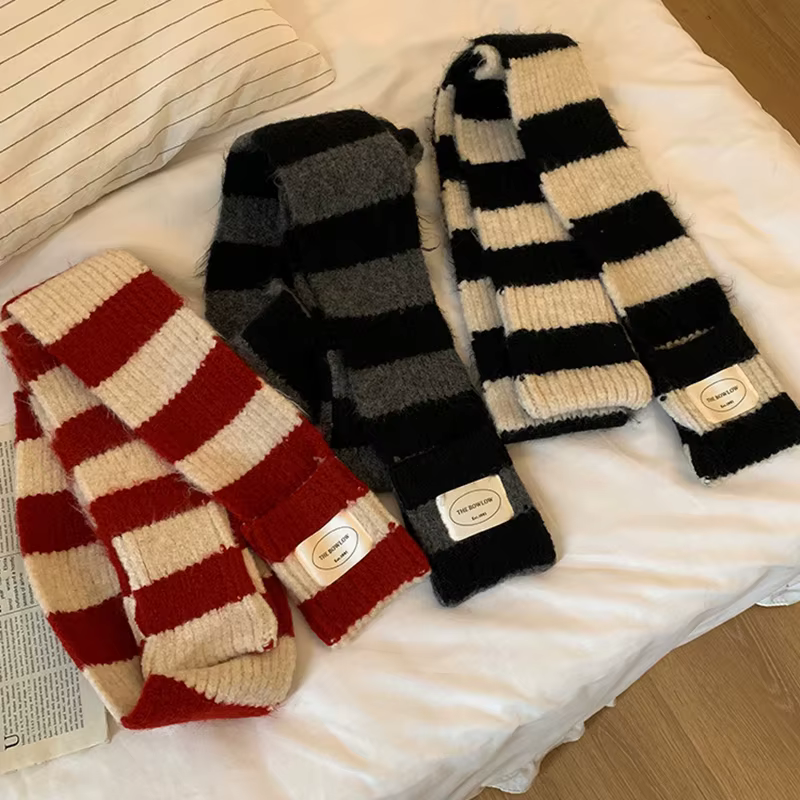 Coréen noir blanc rayé écharpe pour les femmes mode couleur bloc laine foulards coupe-vent chaud foulard cou protecteur Snood
