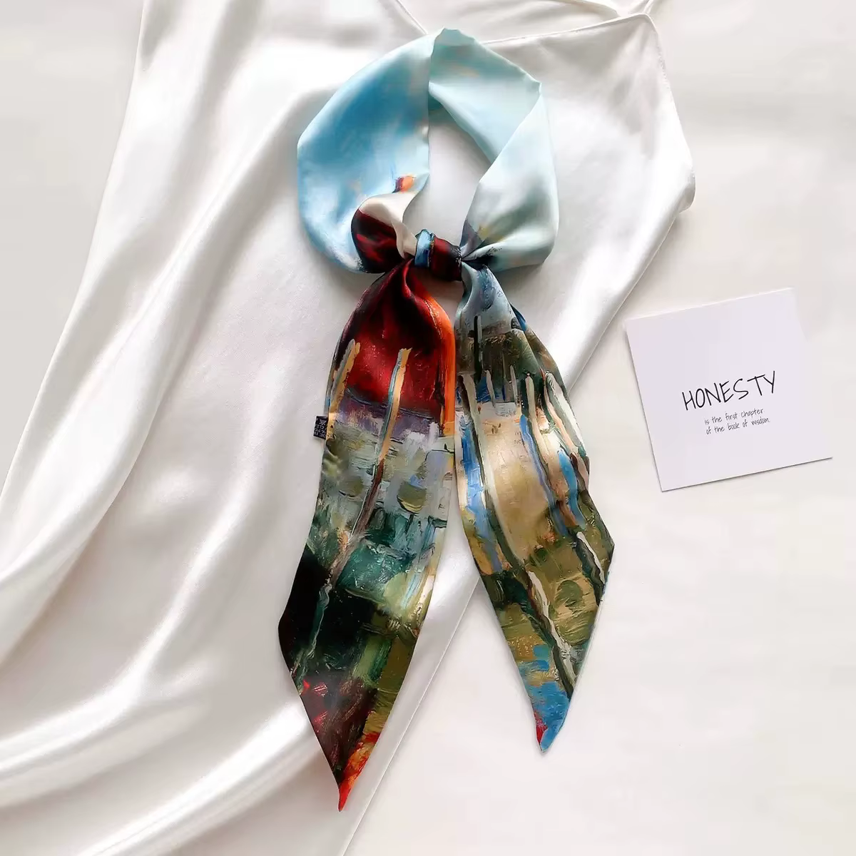 Foulard long en soie imprimé peinture à l'huile paysagère pour femme