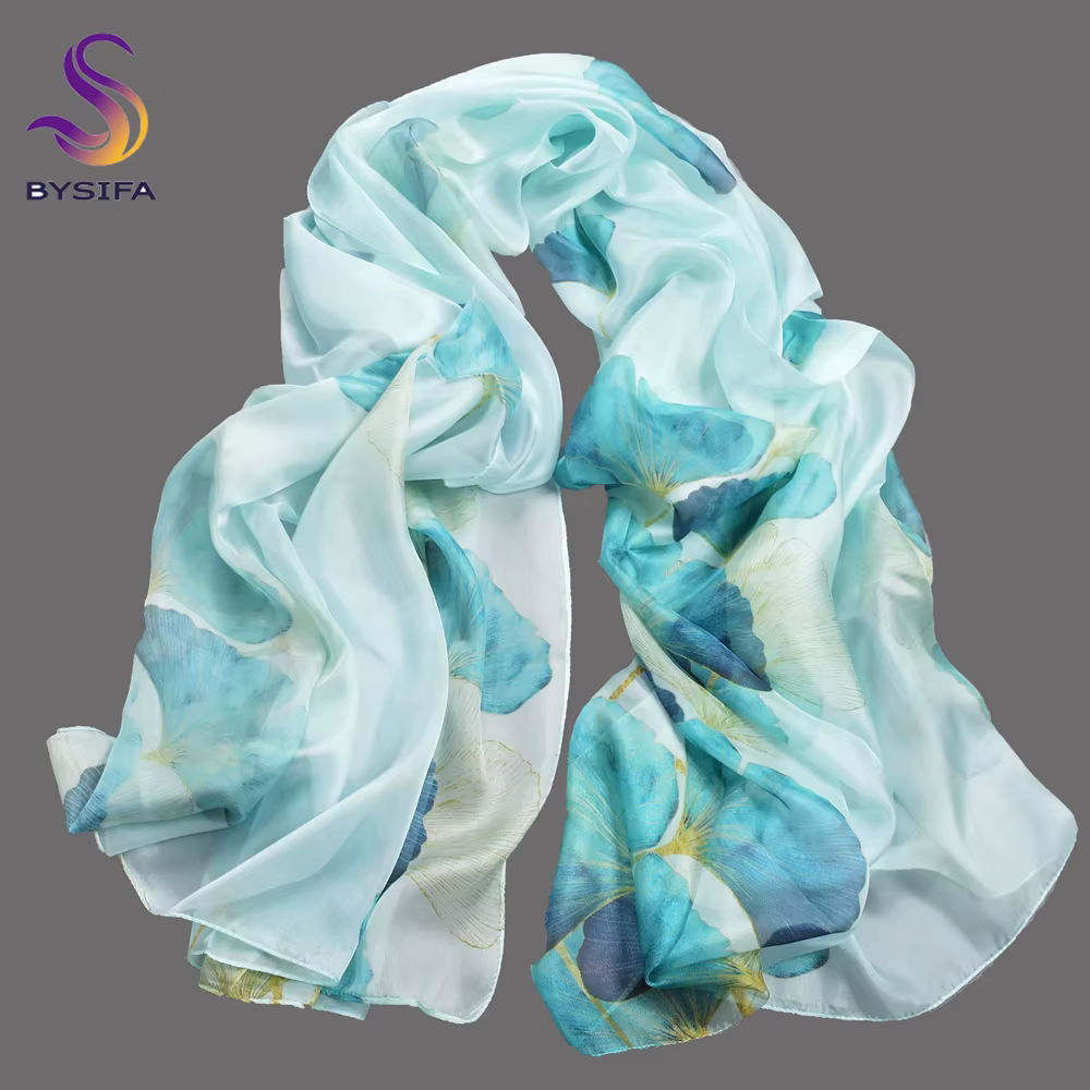 BYSIFA | Nouveau Châle Long d'Été en Soie de Mûrier 100% Bleue pour Femme